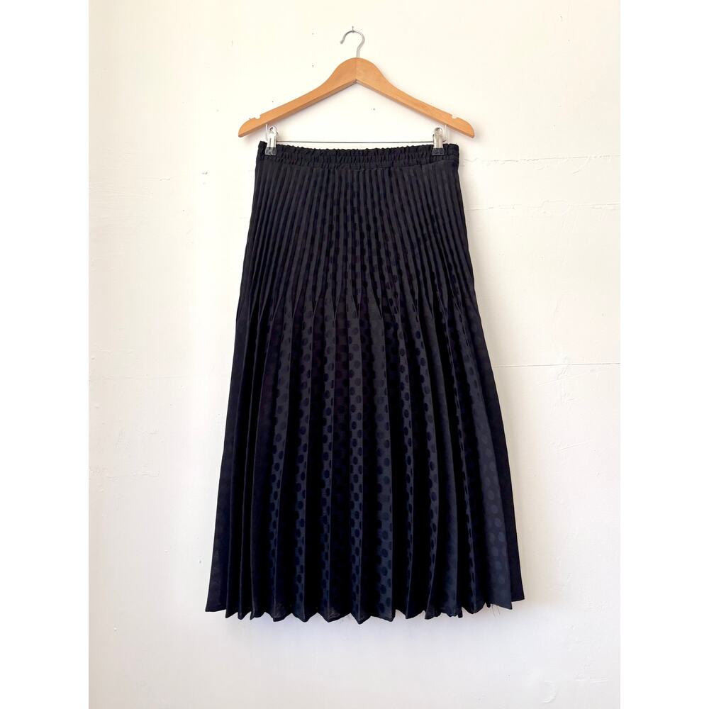 Max Studio Polka Dot Black Pleated Midi Skirt- Size Medium, Elastic Waist